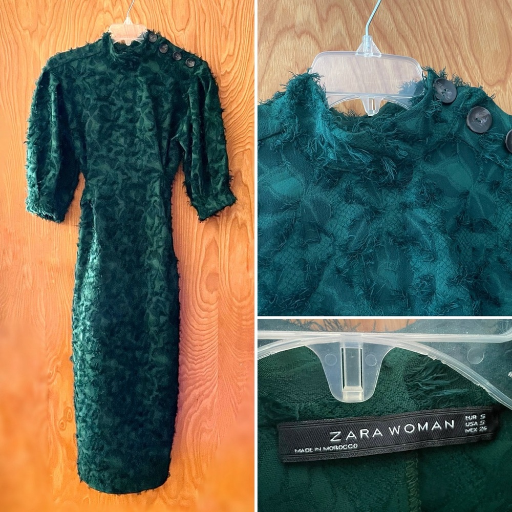 Zara emerald eyelash textured midi dress, dark academia vibes, mock neck, small
